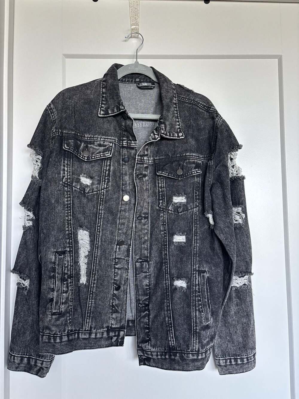 Black Acid Wash Distressed Ripped Denim Trucker Jacket